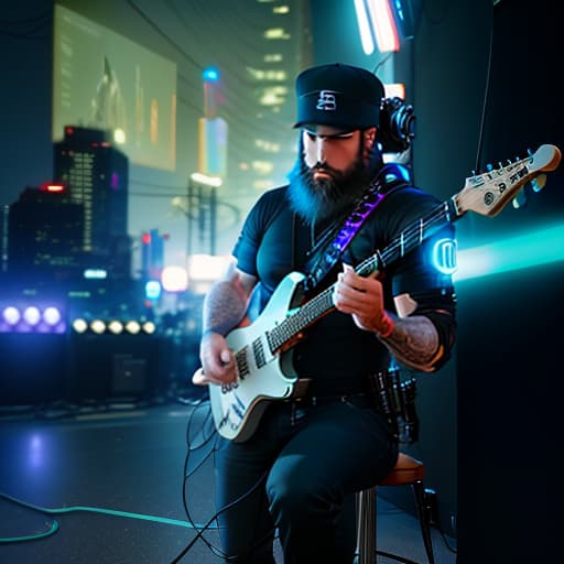  a man with a beard playing a guitar, tesseract, clayton crain, holding electric guitars, scenic full shot, michael pangrazio, muted stage effects, Anime style, Cyberpunk style, neon lights, high quality, sci fi, Anime style photo, Manga style, Digital art, glow effects, Hand drawn, render, 8k, octane render, cinema 4d, blender, dark, atmospheric 4k ultra detailed, cinematic sensual, Sharp focus, humorous illustration, hyperrealistic, big depth of field, Masterpiece, colors, 3d octane render, 4k, concept art, trending on artstation, hyperrealistic, Vivid colors hyperrealistic, full body, detailed clothing, highly detailed, cinematic lighting, stunningly beautiful, intricate, sharp focus, f/1. 8, 85mm, (centered image composition), (professionally color graded), ((bright soft diffused light)), volumetric fog, trending on instagram, trending on tumblr, HDR 4K, 8K