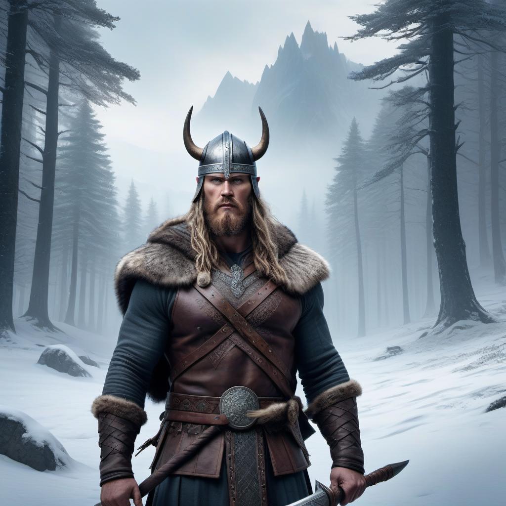  concept art I need an image in the style of Vikings and Scandinavia. In the image, a Viking berserker in a bear skin should be depicted (with a hood from a bear's head on his head), in a location a battlefield. The location should be a winter scene with a light blizzard. A wolf is located in the background. . digital artwork, illustrative, painterly, matte painting, highly detailed hyperrealistic, full body, detailed clothing, highly detailed, cinematic lighting, stunningly beautiful, intricate, sharp focus, f/1. 8, 85mm, (centered image composition), (professionally color graded), ((bright soft diffused light)), volumetric fog, trending on instagram, trending on tumblr, HDR 4K, 8K