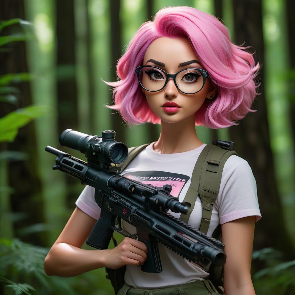  cinematic photo a beautiful girl with pink hair in a T shirt and shorts stands in the night forest holding a machine gun, wearing a mask on her face and glasses on her eyes (the inscription on the T shirt "Zumchik") . 35mm photograph, film, bokeh, professional, 4k, highly detailed hyperrealistic, full body, detailed clothing, highly detailed, cinematic lighting, stunningly beautiful, intricate, sharp focus, f/1. 8, 85mm, (centered image composition), (professionally color graded), ((bright soft diffused light)), volumetric fog, trending on instagram, trending on tumblr, HDR 4K, 8K