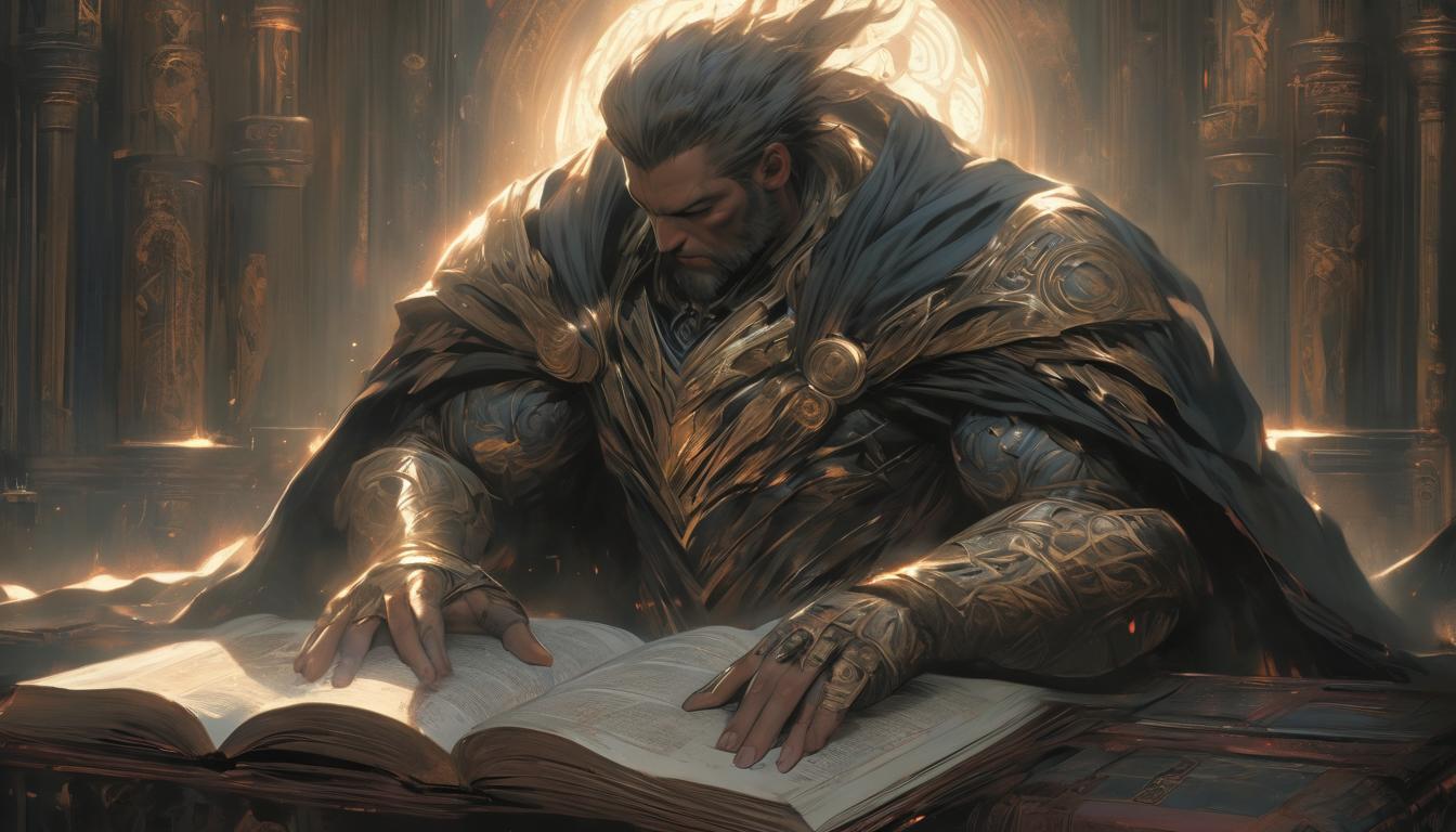  hyperrealism,fantasy aestheticWise figure gazing at a large ancient book, intricate tattoos of knowledge on arms, celestial power, guardian, timeless, powerful, high tech clothing clad in sleek, futuristic costume with metallic accents and form fitting designs, marvel superhero comics style, unreal engine rendering