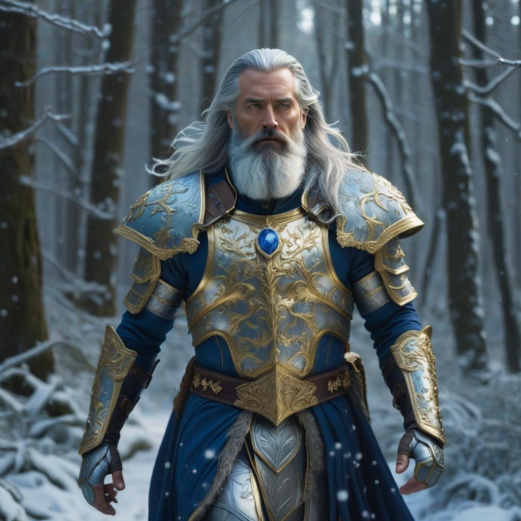  The image portrays a man with long silver hair and a beard, wearing a blue and gold armor with a gemstone in his chest, walking through a forest of snow covered trees. hyperrealistic, full body, detailed clothing, highly detailed, cinematic lighting, stunningly beautiful, intricate, sharp focus, f/1. 8, 85mm, (centered image composition), (professionally color graded), ((bright soft diffused light)), volumetric fog, trending on instagram, trending on tumblr, HDR 4K, 8K