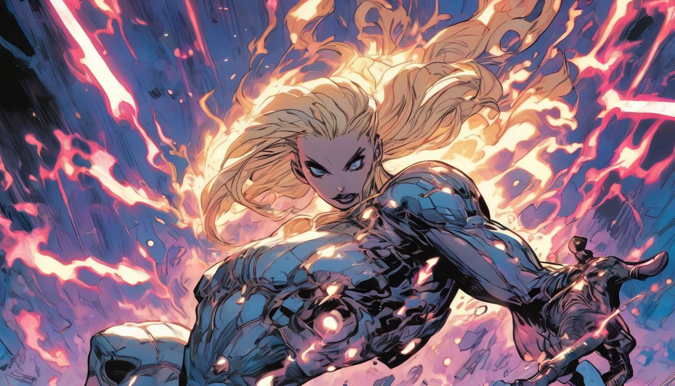  hyperrealism,fantasy aesthetic1woman, large busted attractive blonde arian humanoid, using a cosmic blade, severing ties with dark, outdated figures, luminous background, high tech clothing clad in sleek, futuristic costume with metallic accents and form fitting designs, marvel superhero comics style, unreal engine rendering