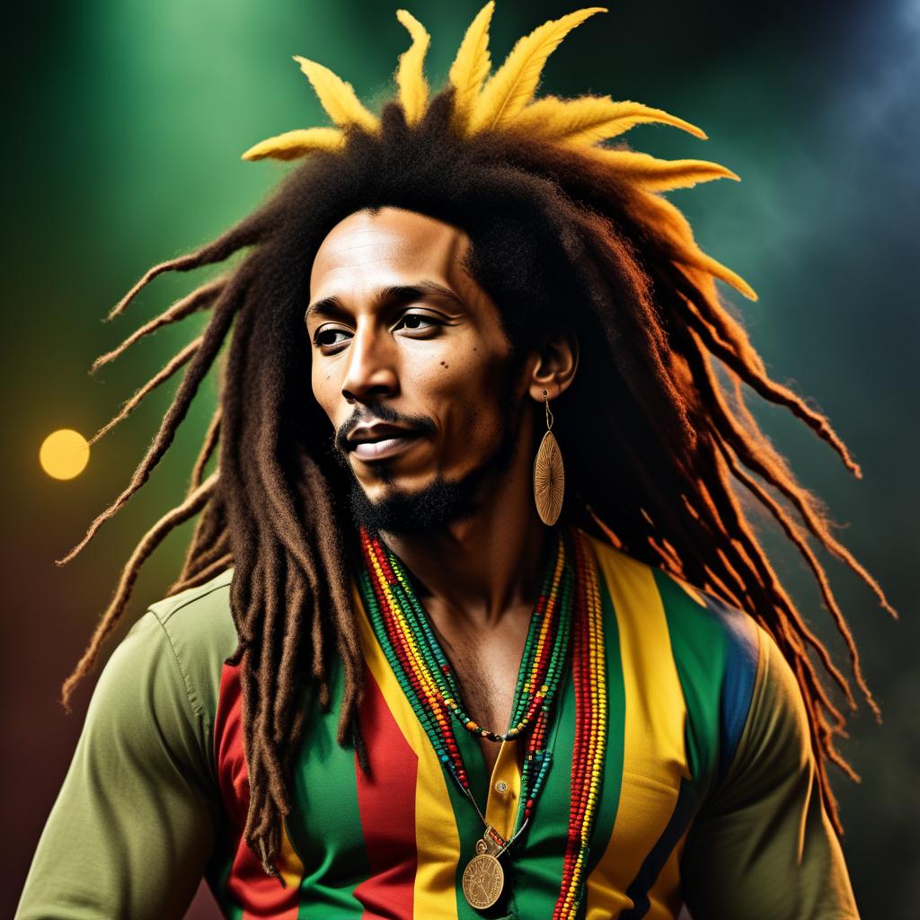  A vibrant, colorful portrait inspired by Bob Marley, capturing his legendary persona. The image should showcase his iconic dreadlocks, soulful eyes, and peaceful yet powerful presence. Incorporate elements of reggae culture such as musical notes, Rastafarian symbols, and a warm color palette featuring greens, yellows, reds, and golds. The background should be a mix of abstract shapes and patterns that evoke a sense of musical rhythm and freedom. hyperrealistic, full body, detailed clothing, highly detailed, cinematic lighting, stunningly beautiful, intricate, sharp focus, f/1. 8, 85mm, (centered image composition), (professionally color graded), ((bright soft diffused light)), volumetric fog, trending on instagram, trending on tumblr, HDR 4K, 8K