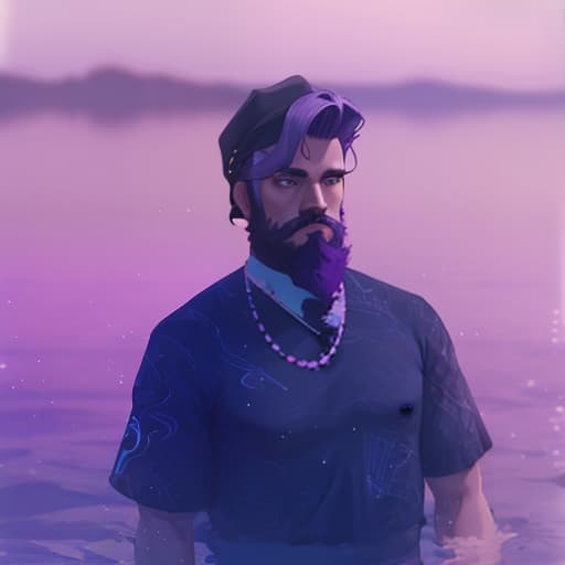  a man standing in front of a body of water, a polaroid photo, purple tint, fractal beard, casey cooke, james jean aesthetic, anime style, comix wave films style, detailed face, detailed eyes, high quality hyperrealistic, full body, detailed clothing, highly detailed, cinematic lighting, stunningly beautiful, intricate, sharp focus, f/1. 8, 85mm, (centered image composition), (professionally color graded), ((bright soft diffused light)), volumetric fog, trending on instagram, trending on tumblr, HDR 4K, 8K