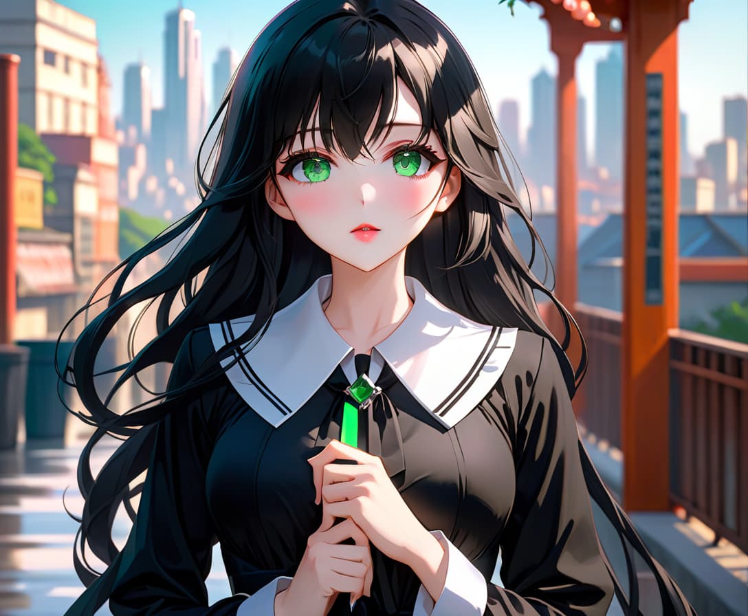  anime artwork beautiful , , green eyes, long black wavy hair, slender figure, small neat s, dressed in a black dress with a white collar and white cuffs, full length, against the backdrop of a modern city. (photorealism, oil painting: 1.3), (full length shot: 1.3), mesmerizing , long flowing black hair, (large sensual mouth: 1.2), plump lips, sparkling emerald eyes, narrow waist, (sensual figure: 1,2), silvery glow, ethereal aura, detailed brushwork, intricate shadows and highlights, mysterious and captivating expression, unique color palette, masterful use of light and shadow, captivating atmosphere, raw emotion, intense gaze, dynamic composition . . anime style, key visual, vint, studio anime, highly d hyperrealistic, full body, detailed clothing, highly detailed, cinematic lighting, stunningly beautiful, intricate, sharp focus, f/1. 8, 85mm, (centered image composition), (professionally color graded), ((bright soft diffused light)), volumetric fog, trending on instagram, trending on tumblr, HDR 4K, 8K