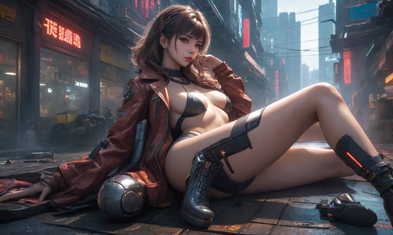  hyperrealistic art A beautiful girl, lies in a sexual pose, against the backdrop of a cyberpunk city. . extremely high resolution details, photographic, realism pushed to extreme, fine texture, incredibly lifelike, oil painting hyperrealistic, full body, detailed clothing, highly detailed, cinematic lighting, stunningly beautiful, intricate, sharp focus, f/1. 8, 85mm, (centered image composition), (professionally color graded), ((bright soft diffused light)), volumetric fog, trending on instagram, trending on tumblr, HDR 4K, 8K