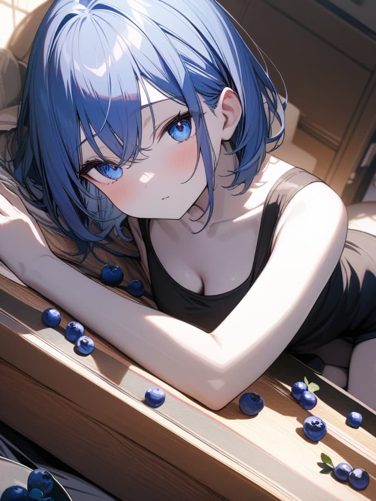  Cute, , blue hair, blue eyes, short bob, thin body, white skin, sauce, black tank top, , , stomach, shorts, room, blueberry decorations, masterpiece, best quality,8k,ultra detailed,high resolution,an extremely delicate and beautiful,hyper detail