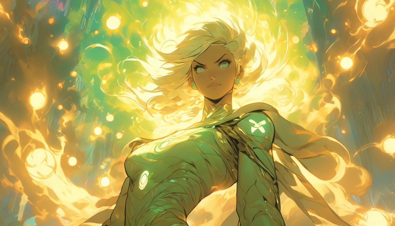  hyperrealism,fantasy aesthetic1woman, large busted attractive blonde arian female humanoid, dressed as a sage, surrounded by floating orbs of light, ancient symbols in air, aura of wisdom, high tech clothing clad in sleek, futuristic costume with metallic accents and form fitting designs, marvel superhero comics style, unreal engine rendering