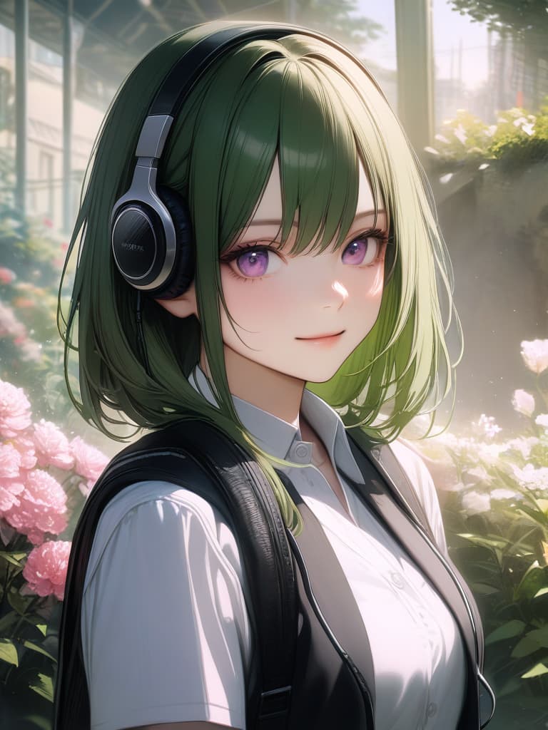  1girl,18yo,green hair,short hair,purple eyes,headphone,summer school uniform,flower's satsuki azalea,light smile,realistic, masterpiece, best quality,8k,ultra detailed,high resolution,an extremely delicate and beautiful,hyper detail