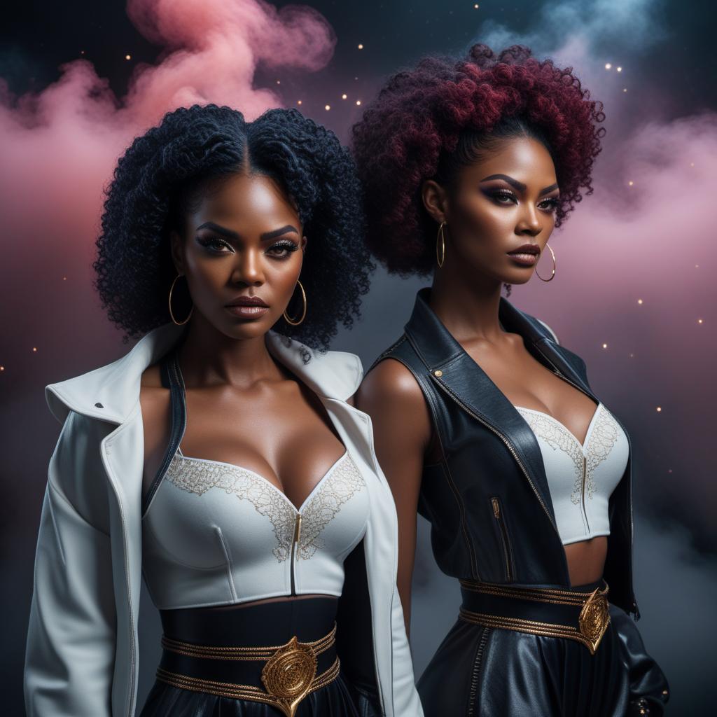  Angry black female twins in lofi fantasy style, Gemini zodiac, intense expressions, dark moody background, vibrant colors, celestial elements, intricate details hyperrealistic, full body, detailed clothing, highly detailed, cinematic lighting, stunningly beautiful, intricate, sharp focus, f/1. 8, 85mm, (centered image composition), (professionally color graded), ((bright soft diffused light)), volumetric fog, trending on instagram, trending on tumblr, HDR 4K, 8K