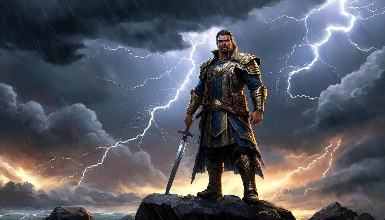  digital painting of Nimrod standing defiantly, arms raised toward stormy sky, bolts of lightning, colossal figure, intimidating, rebellious looking at viewer, dynamic pose, (intricate details, masterpiece, best quality)