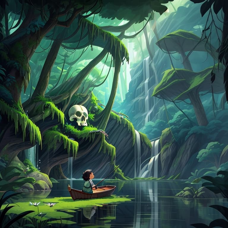  cinematic, serene natural scene, a person in a small boat on a calm body of lake, an impressive waterfall cascading down from a giant creatureâs skull with lush vegetation growing around it, The skull should be seamlessly integrated into the landscape, ethereal and mystical atmosphere, Sunlight should filter through the canopy above, highlighting the tranquil and otherworldly quality of the scene, beautiful reflection, realistic,