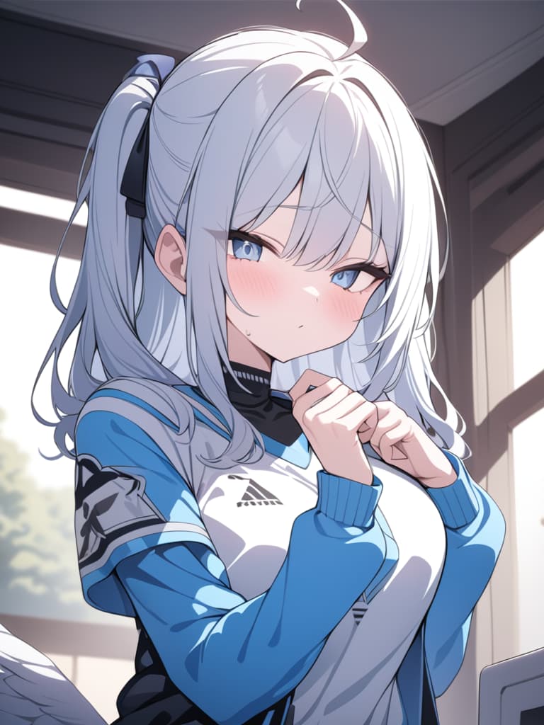  Cute, subculture, jerseys, moe sleeves, white hair, light blue, angel, light blue eye, piece, masterpiece, best quality,8k,ultra detailed,high resolution,an extremely delicate and beautiful,hyper detail