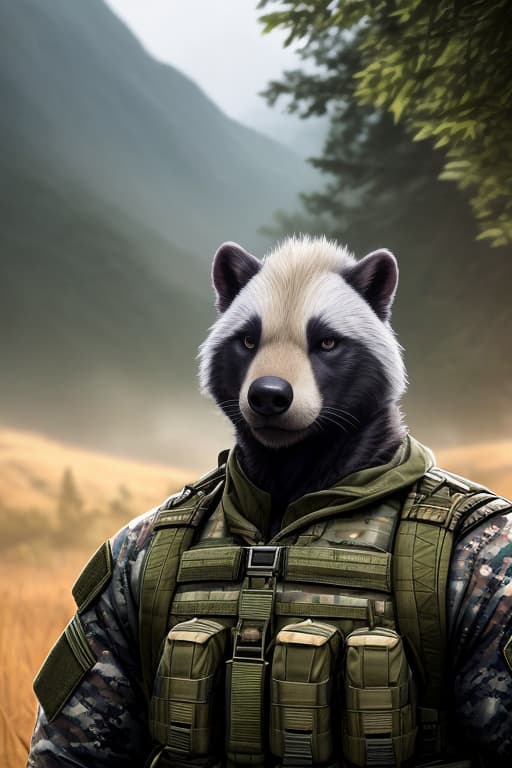  anthro, honey badger , male, adult, muscular, veiny muscles, military gear, to, looking at viewer, realistic fur, detailed background, wilderness background, hyper realism, RAW photo, (realism, photorealistic:1.3), detailed, hi res hyperrealistic, full body, detailed clothing, highly detailed, cinematic lighting, stunningly beautiful, intricate, sharp focus, f/1. 8, 85mm, (centered image composition), (professionally color graded), ((bright soft diffused light)), volumetric fog, trending on instagram, trending on tumblr, HDR 4K, 8K