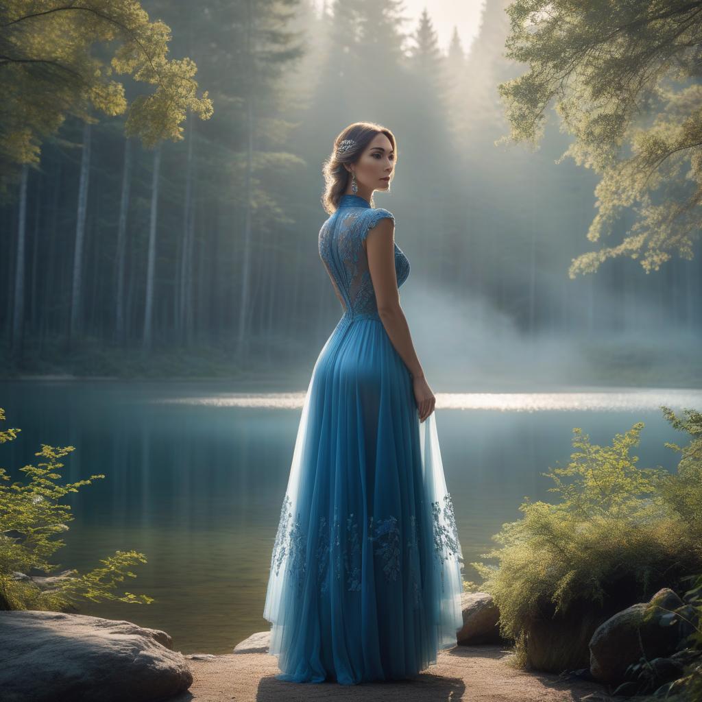  A woman in a blue dress stands by a serene lake surrounded by forest, with soft sunlight filtering through the trees. hyperrealistic, full body, detailed clothing, highly detailed, cinematic lighting, stunningly beautiful, intricate, sharp focus, f/1. 8, 85mm, (centered image composition), (professionally color graded), ((bright soft diffused light)), volumetric fog, trending on instagram, trending on tumblr, HDR 4K, 8K