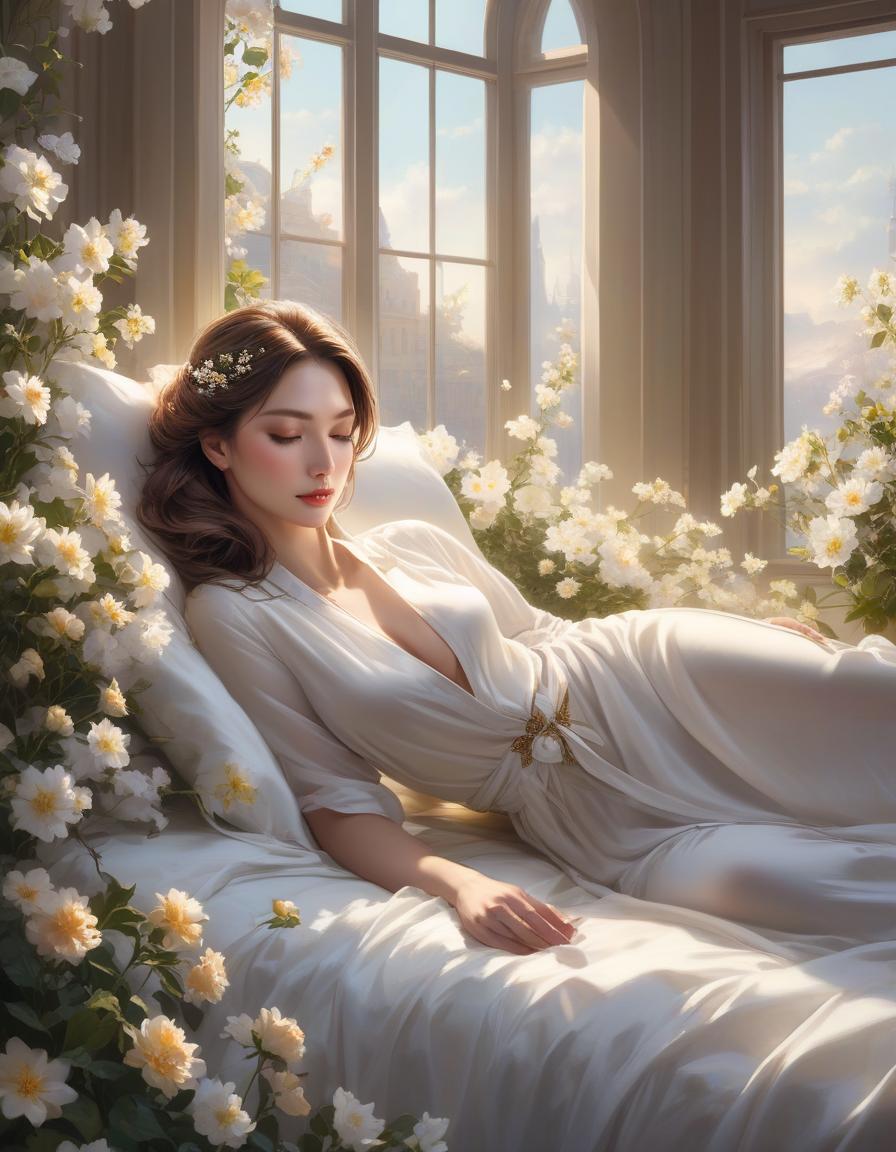  concept art A woman is peacefully asleep amid white sheets and blooming flowers, with soft light streaming through a window. a woman laying on top of a bed next to a window, a photorealistic painting, inspired by Magali Villeneuve, trending on Artstation, fantasy art, girl in a bed of flowers, soft pale golden skin, portrait of a woman sleeping, in the early morning, jingna zhang . digital artwork, illustrative, painterly, matte painting, highly detailed hyperrealistic, full body, detailed clothing, highly detailed, cinematic lighting, stunningly beautiful, intricate, sharp focus, f/1. 8, 85mm, (centered image composition), (professionally color graded), ((bright soft diffused light)), volumetric fog, trending on instagram, trending on tumblr, HDR 4K, 8K