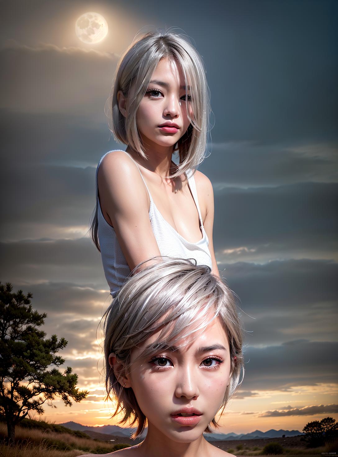  High resolution, 4K, ultra high quality, wilderness, two people, lunar lights, stand barefoot on Kusano, transcendental beauty, shut hair, short hair, light silver hair, (Masterpiece, BestQuality:1.3), (ultra detailed:1.2), (hyperrealistic:1.3), (RAW photo:1.2),High detail RAW color photo, professional photograph, (Photorealistic:1.4), (realistic:1.4), ,professional lighting, (japanese), beautiful face, (realistic face)