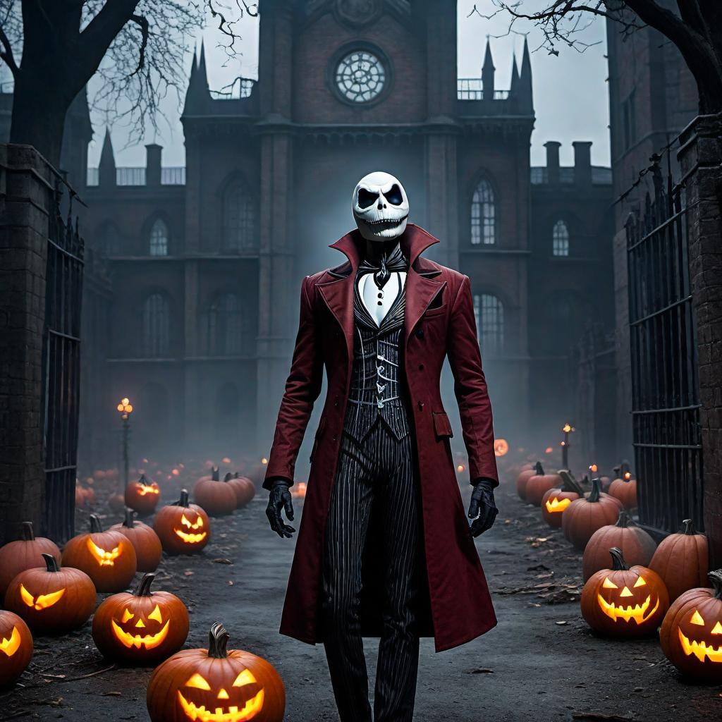  Jack Skellington, known as Jack the Pumpkin King, as an inmate at Arkham Asylum. The scene is set in the dark, eerie halls of Arkham Asylum with Gothic architecture. Jack Skellington is dressed in a tattered straightjacket and has menacing, glowing red eyes. He is surrounded by classic Batman villains like the Joker and Harley Quinn, all in their nightmarish forms. The asylum is filled with eerie, twisted trees and ghostly pumpkins. The atmosphere is haunting, filled with fog, and the color palette is dominated by dark, foreboding hues - blacks, deep reds, and ghostly greys. hyperrealistic, full body, detailed clothing, highly detailed, cinematic lighting, stunningly beautiful, intricate, sharp focus, f/1. 8, 85mm, (centered image composition), (professionally color graded), ((bright soft diffused light)), volumetric fog, trending on instagram, trending on tumblr, HDR 4K, 8K