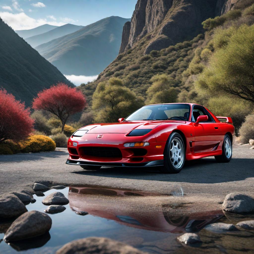  Red 1991 Mazda Rx-7, FC, parked in a scenic location with a mountainous background, under a clear blue sky hyperrealistic, full body, detailed clothing, highly detailed, cinematic lighting, stunningly beautiful, intricate, sharp focus, f/1. 8, 85mm, (centered image composition), (professionally color graded), ((bright soft diffused light)), volumetric fog, trending on instagram, trending on tumblr, HDR 4K, 8K