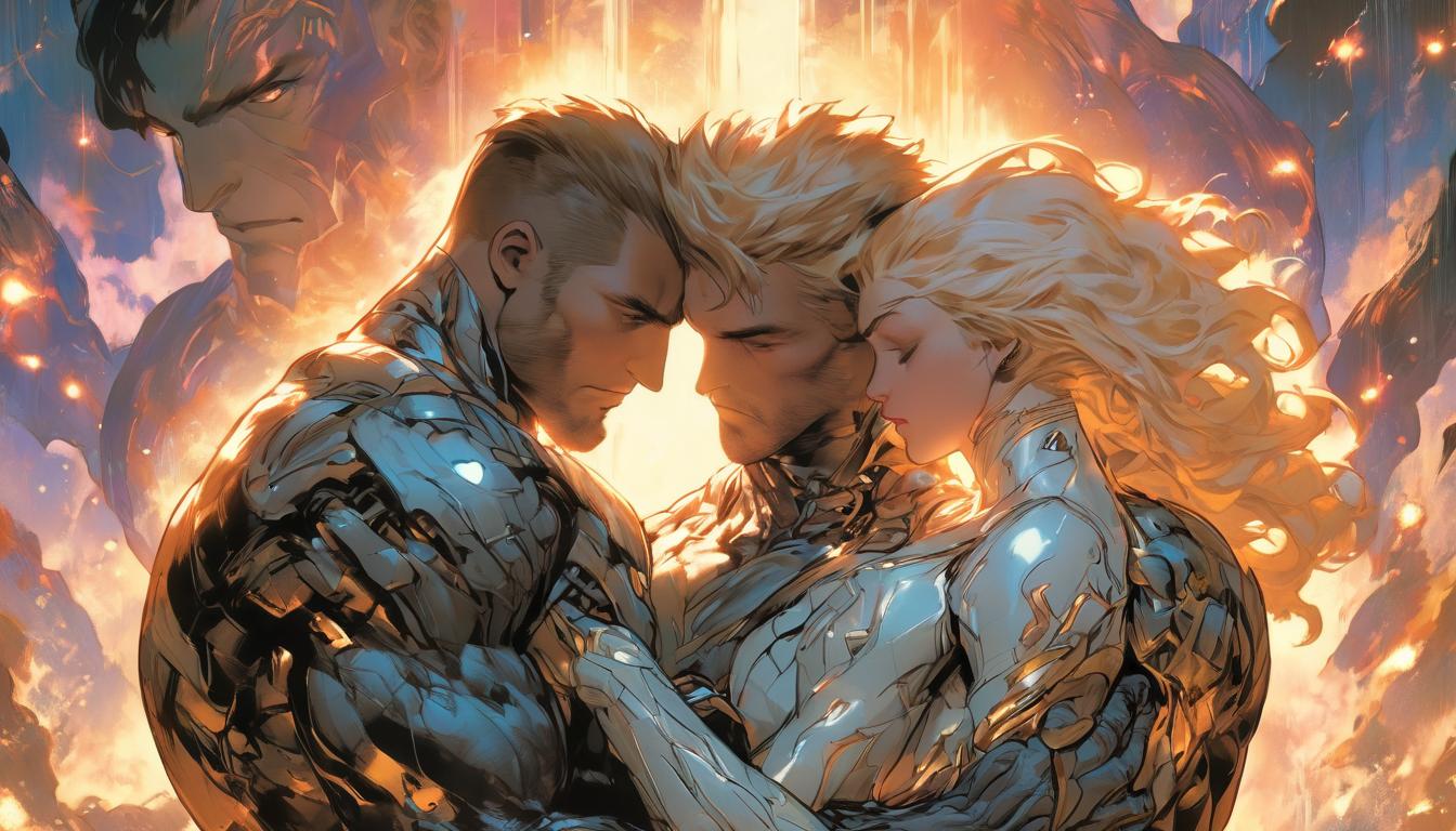  hyperrealism,fantasy aesthetic1man1woman, large busted attractive blonde arian male and female humanoids, enveloped in a loving embrace, celestial background, affectionate, caring, romantic, high tech clothing clad in sleek, futuristic costume with metallic accents and form fitting designs, marvel superhero comics style, unreal engine rendering