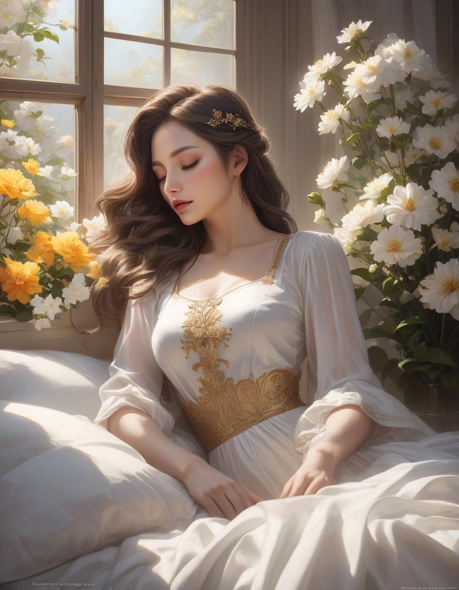  concept art A woman is peacefully asleep amid white sheets and blooming flowers, with soft light streaming through a window. a woman laying on top of a bed next to a window, a photorealistic painting, inspired by Magali Villeneuve, trending on Artstation, fantasy art, girl in a bed of flowers, soft pale golden skin, portrait of a woman sleeping, in the early morning, jingna zhang . digital artwork, illustrative, painterly, matte painting, highly detailed hyperrealistic, full body, detailed clothing, highly detailed, cinematic lighting, stunningly beautiful, intricate, sharp focus, f/1. 8, 85mm, (centered image composition), (professionally color graded), ((bright soft diffused light)), volumetric fog, trending on instagram, trending on tumblr, HDR 4K, 8K