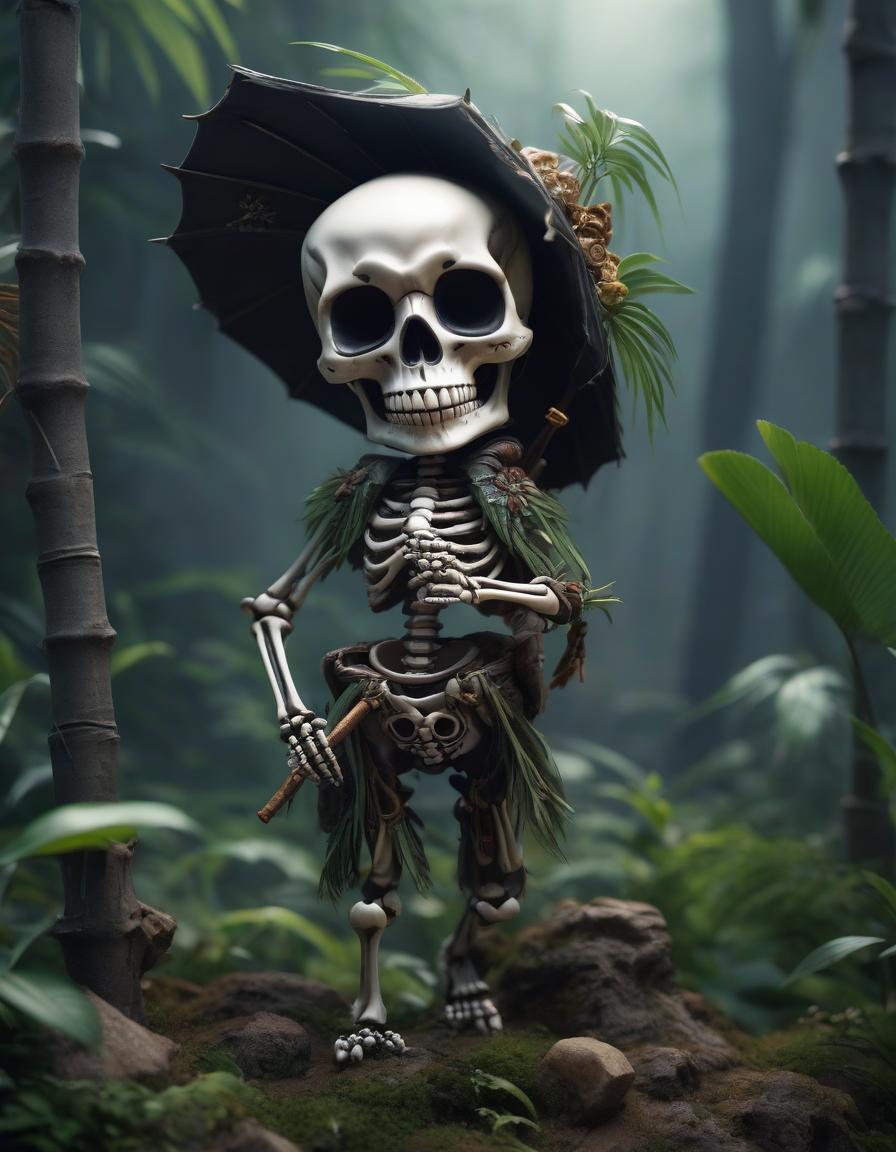  3D visualization, Unreal Engine, (chibi) skeleton smoking bamboo, chibi style, hyperrealistic, full body, detailed clothing, highly detailed, cinematic lighting, stunningly beautiful, intricate, sharp focus, f/1. 8, 85mm, (centered image composition), (professionally color graded), ((bright soft diffused light)), volumetric fog, trending on instagram, trending on tumblr, HDR 4K, 8K