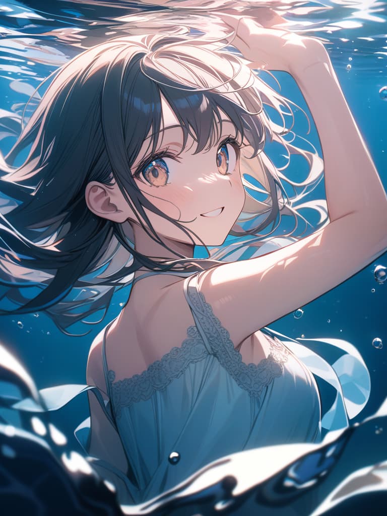  Cute, , big eyes, big s, camisole, , underwater, underwater, sea, beautiful, smiling, dress, masterpiece, best quality,8k,ultra detailed,high resolution,an extremely delicate and beautiful,hyper detail