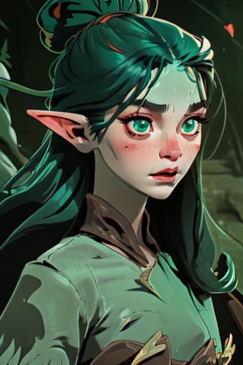  1girl, Gith, pointed ears, spots on skin, flat nose, green skin, fantasy, dungeon background,