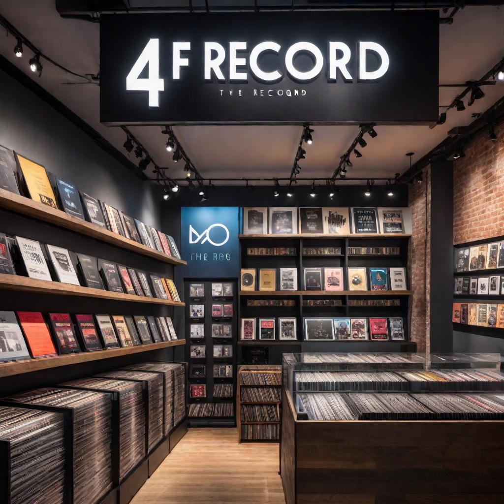  A really cool and modern logo for a record store called '4 The Record'. The design should be bold and include musical elements such as records, vinyl, or musical notes. It should have a clean, professional appearance with vibrant colors that catch the eye. Make the text stylish and prominent. hyperrealistic, full body, detailed clothing, highly detailed, cinematic lighting, stunningly beautiful, intricate, sharp focus, f/1. 8, 85mm, (centered image composition), (professionally color graded), ((bright soft diffused light)), volumetric fog, trending on instagram, trending on tumblr, HDR 4K, 8K