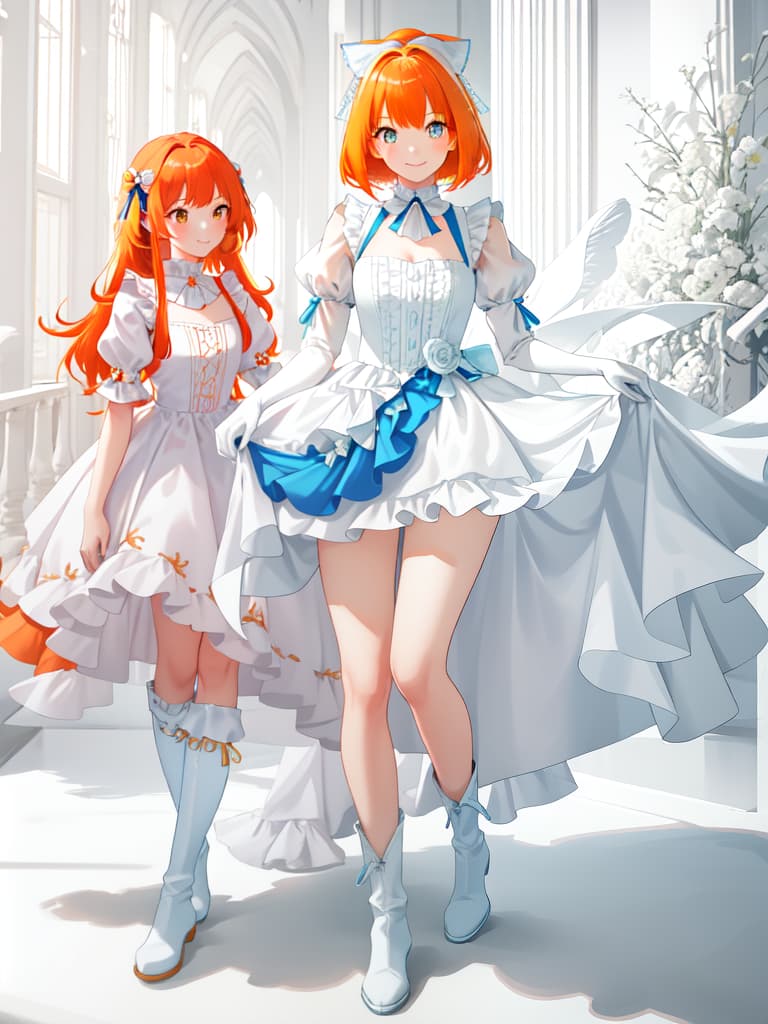  Beautiful , whole body image, inner color hair, , bob, orange hair, white , frill, ribbon, light blue knee length , skip, smile, fun, boots, masterpiece, best quality,8k,ultra detailed,high resolution,an extremely delicate and beautiful,hyper detail