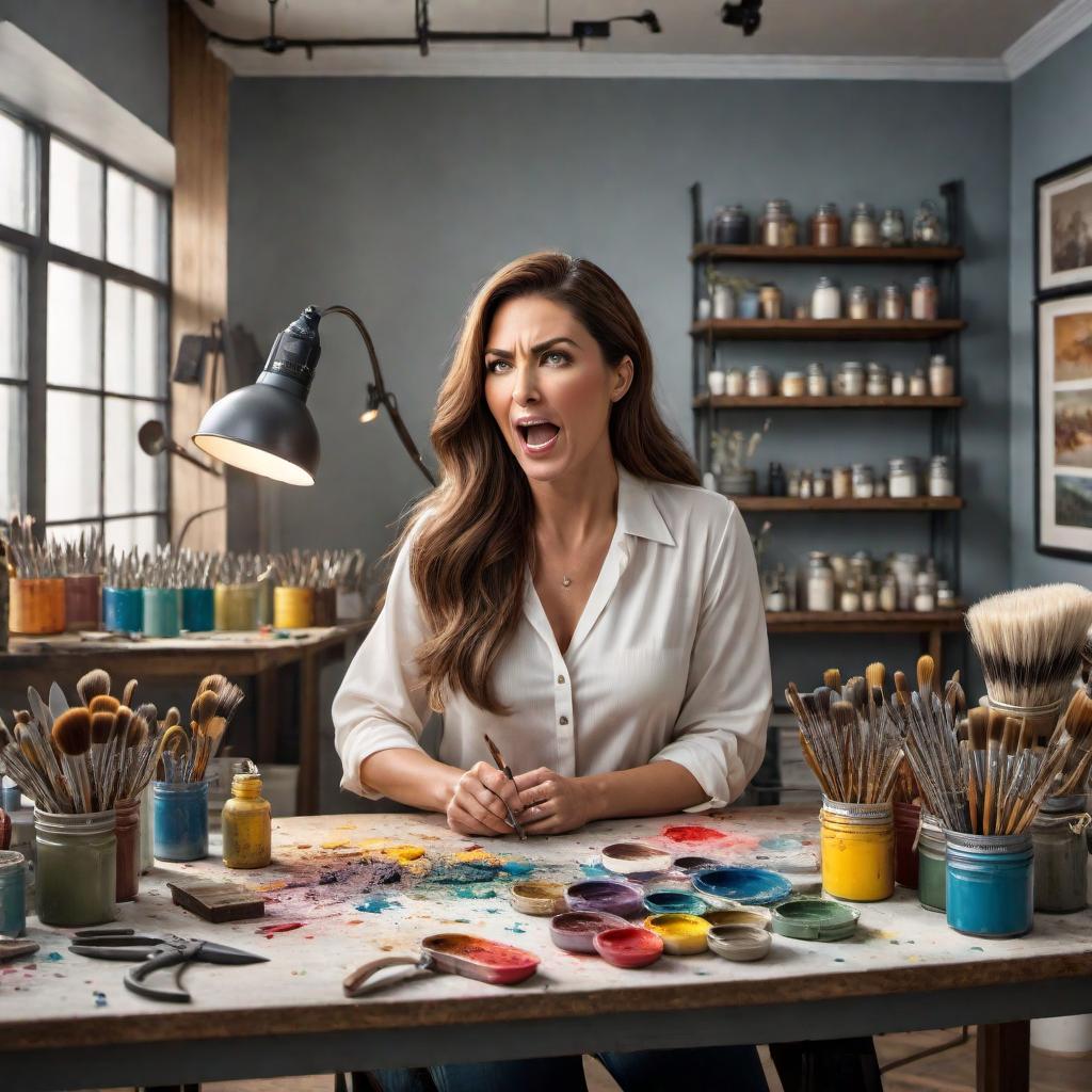  A meme featuring a woman yelling at another person, saying “Who took my scissors?” The scene shows a cluttered craft table with paint brushes, crayons, glue, and a craft knife. hyperrealistic, full body, detailed clothing, highly detailed, cinematic lighting, stunningly beautiful, intricate, sharp focus, f/1. 8, 85mm, (centered image composition), (professionally color graded), ((bright soft diffused light)), volumetric fog, trending on instagram, trending on tumblr, HDR 4K, 8K