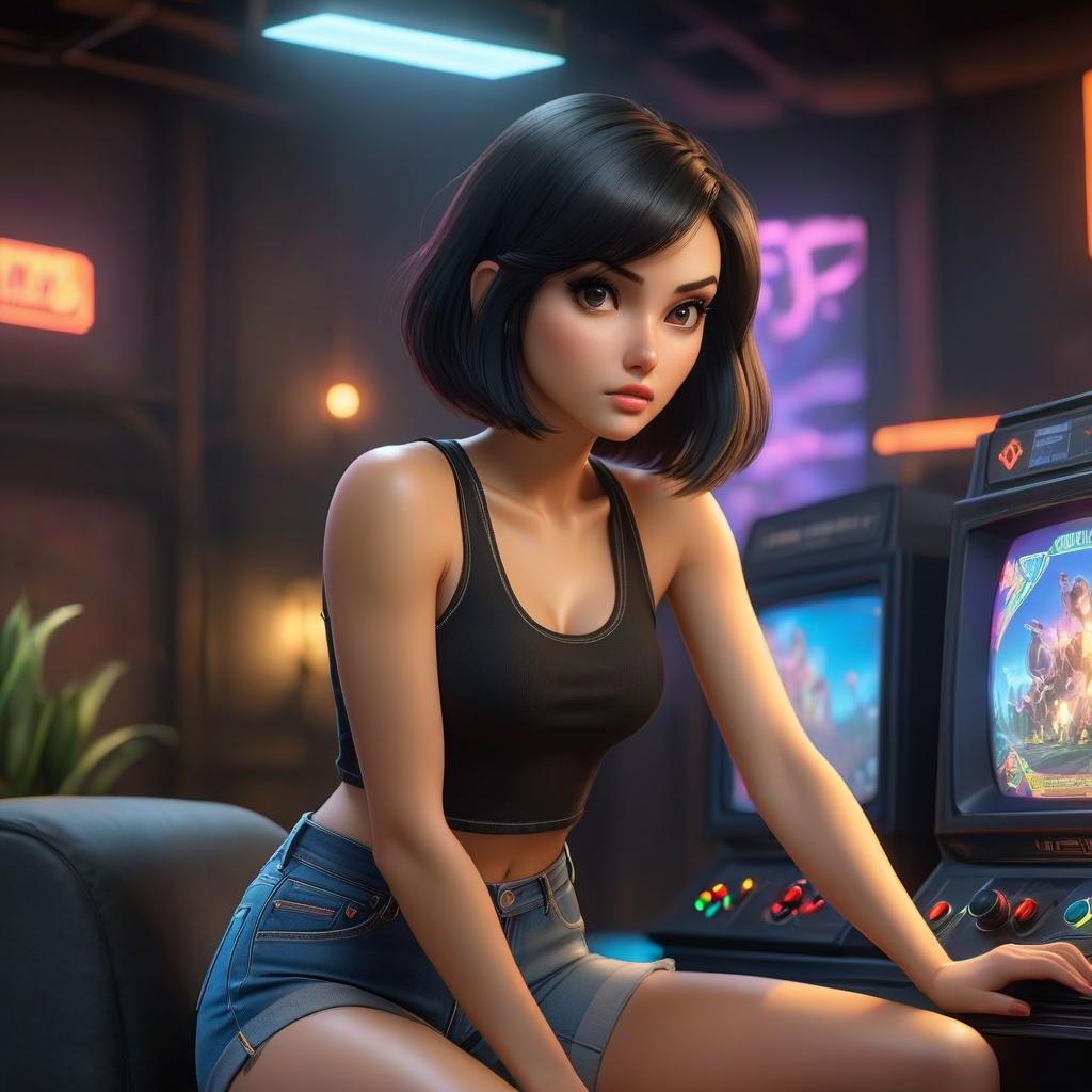  A girl with dark hair, in a bob haircut, wearing a black tank top and denim shorts, is playing a console game with direct view and flourescent lighting. hyperrealistic, full body, detailed clothing, highly detailed, cinematic lighting, stunningly beautiful, intricate, sharp focus, f/1. 8, 85mm, (centered image composition), (professionally color graded), ((bright soft diffused light)), volumetric fog, trending on instagram, trending on tumblr, HDR 4K, 8K