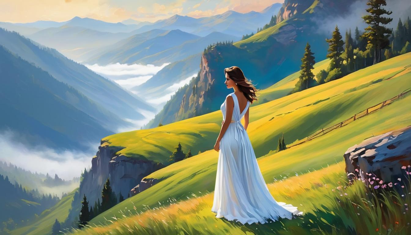  oil paintingA serene mountain peak, wrapped in morning mist, an attractive woman in a simple white dress, standing alone, overlooking a distant valley, contemplative, introspective.(energetic brushwork, bold vibrant colors, expressive, emotional,bold brush, oil stroke, raw, emotional, dynamic, distortion for emotional effect, detailed,beautiful, loose brushwork, light and shadow play, captures feeling over form, balanced color