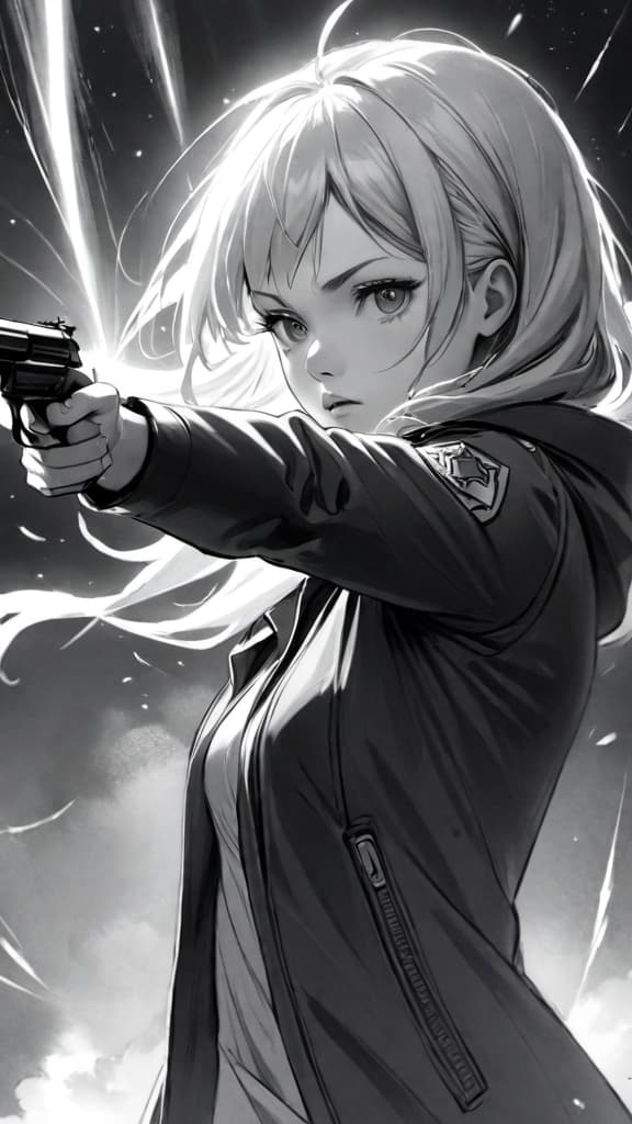  best quality,masterpiece,sketch,monochrome,traditional media,Pencil drawing,1girl,angry,jaket,gun,shooting star,white hair,