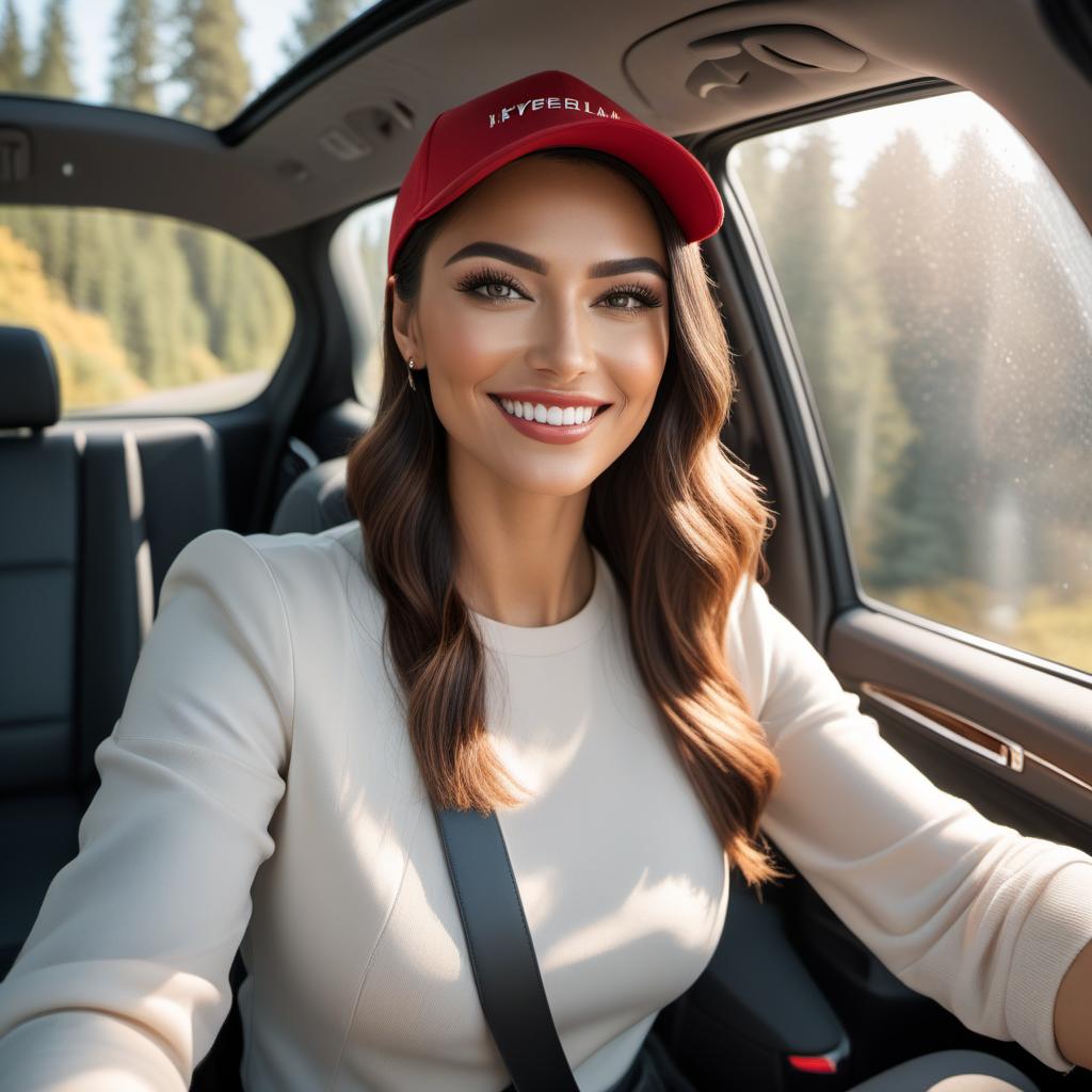  A person inside a vehicle, wearing a cap and smiling. The person is seated on the driver's side with a fastened seatbelt. Sunlight is entering the vehicle, suggesting daytime. The individual appears to be taking a selfie. The interior of the car is visible, and the overall mood of the image is positive and bright. hyperrealistic, full body, detailed clothing, highly detailed, cinematic lighting, stunningly beautiful, intricate, sharp focus, f/1. 8, 85mm, (centered image composition), (professionally color graded), ((bright soft diffused light)), volumetric fog, trending on instagram, trending on tumblr, HDR 4K, 8K