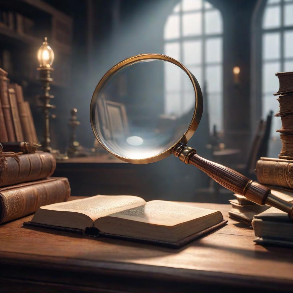  the magnifying glass that lies on the table without books hyperrealistic, full body, detailed clothing, highly detailed, cinematic lighting, stunningly beautiful, intricate, sharp focus, f/1. 8, 85mm, (centered image composition), (professionally color graded), ((bright soft diffused light)), volumetric fog, trending on instagram, trending on tumblr, HDR 4K, 8K