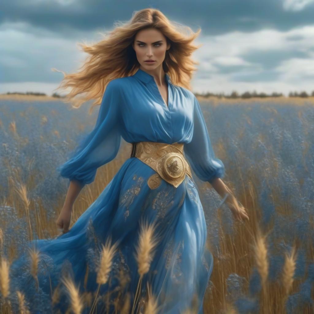  A girl in a blue dress with a golden belt is walking through the field. hyperrealistic, full body, detailed clothing, highly detailed, cinematic lighting, stunningly beautiful, intricate, sharp focus, f/1. 8, 85mm, (centered image composition), (professionally color graded), ((bright soft diffused light)), volumetric fog, trending on instagram, trending on tumblr, HDR 4K, 8K