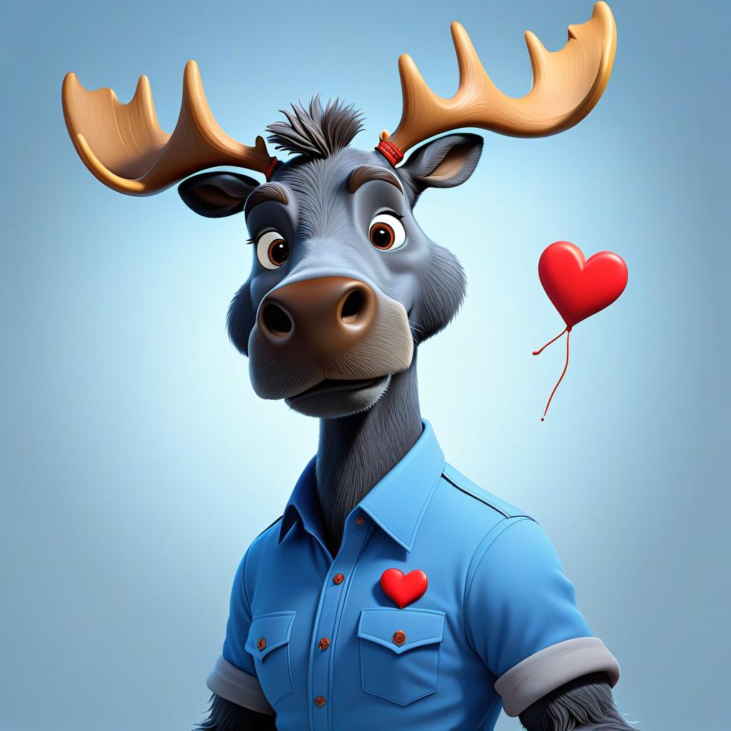  line art drawing Стикер. Cartoon moose dressed in a blue shirt. Cute and with a heart in his hands . professional, sleek, modern, minimalist, graphic, line art, vector graphics, STICKER hyperrealistic, full body, detailed clothing, highly detailed, cinematic lighting, stunningly beautiful, intricate, sharp focus, f/1. 8, 85mm, (centered image composition), (professionally color graded), ((bright soft diffused light)), volumetric fog, trending on instagram, trending on tumblr, HDR 4K, 8K