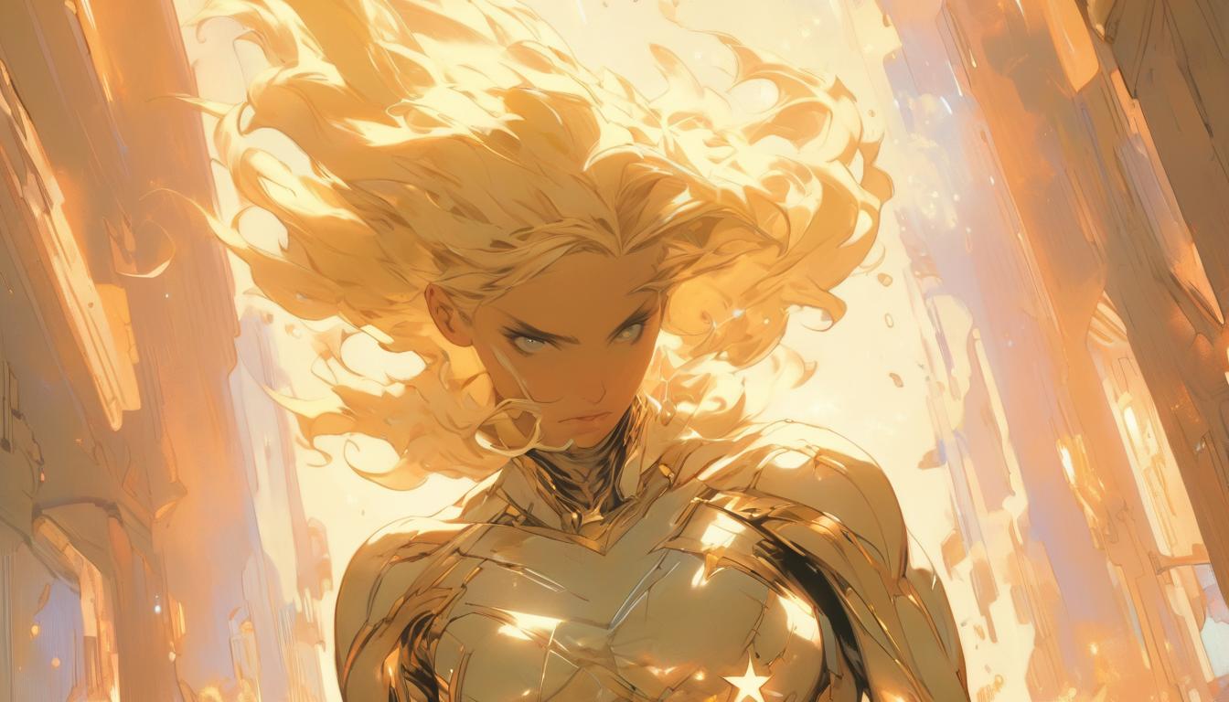  hyperrealism,fantasy aesthetic1woman, large busted attractive blonde arian female humanoid, ascending staircase to stars, ethereal light, determined look, high tech clothing clad in sleek, futuristic costume with metallic accents and form fitting designs, marvel superhero comics style, unreal engine rendering