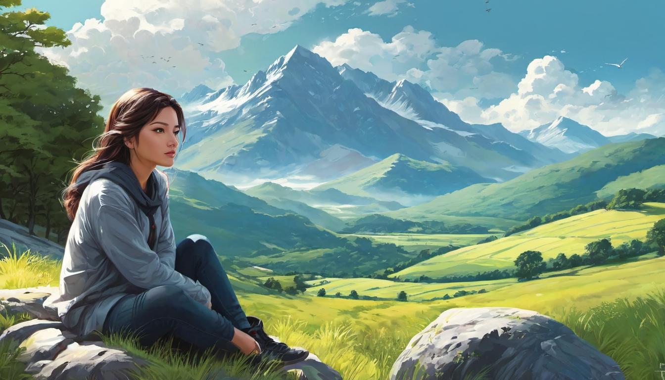  digital illustration, 1woman, sitting cross legged on a hill, panoramic view of nature, serene expression, light breeze, sense of peace and reflection, looking at viewer, dynamic pose, (intricate details, masterpiece, best quality)