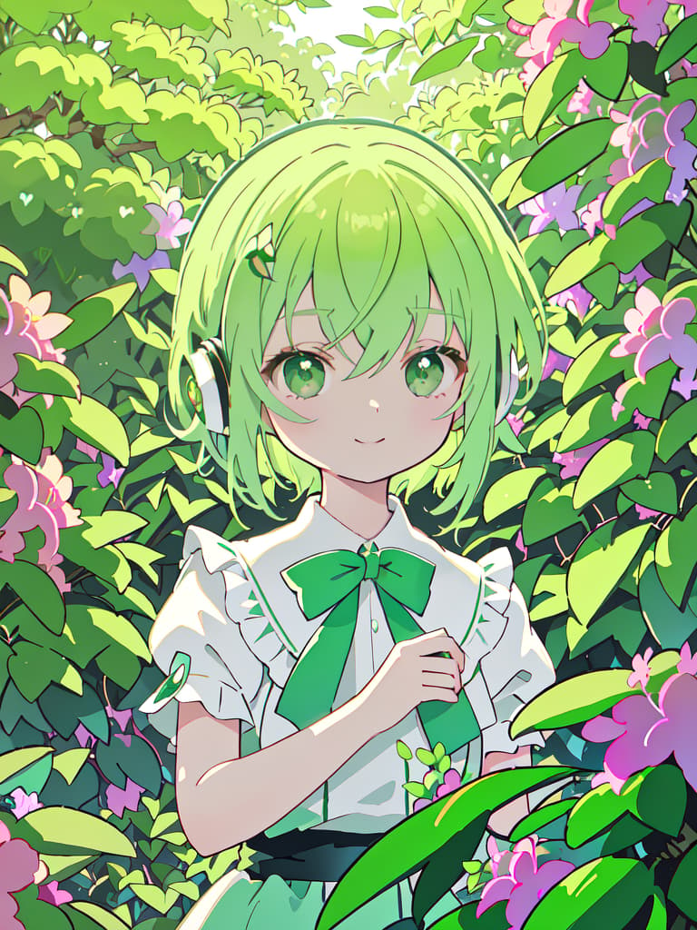  masterpiece,one woman,pretty,delicate green hair color,glossy hair color,short hair,headphones,green eye color,smile,{{{satsuki azalea(Rhododendron indicum)}}},natural light,warm sunlight,high resolution,high quality,8K, masterpiece, best quality,8k,ultra detailed,high resolution,an extremely delicate and beautiful,hyper detail