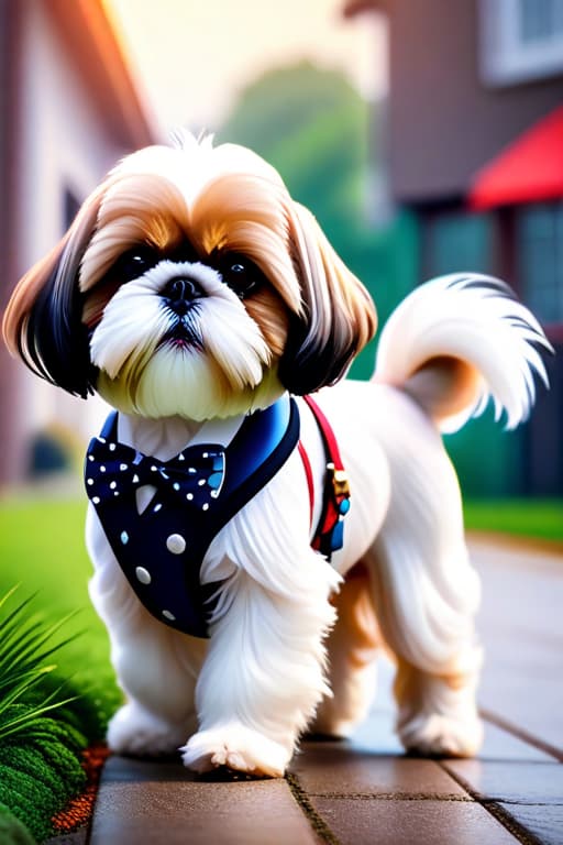  Old man wearing suspenders is walking an adorable white Shih Tzu with drooping black ears down the sidewalk of an upscale suburban neighborhood. He is using one strap of the suspenders as a leash hyperrealistic, full body, detailed clothing, highly detailed, cinematic lighting, stunningly beautiful, intricate, sharp focus, f/1. 8, 85mm, (centered image composition), (professionally color graded), ((bright soft diffused light)), volumetric fog, trending on instagram, trending on tumblr, HDR 4K, 8K