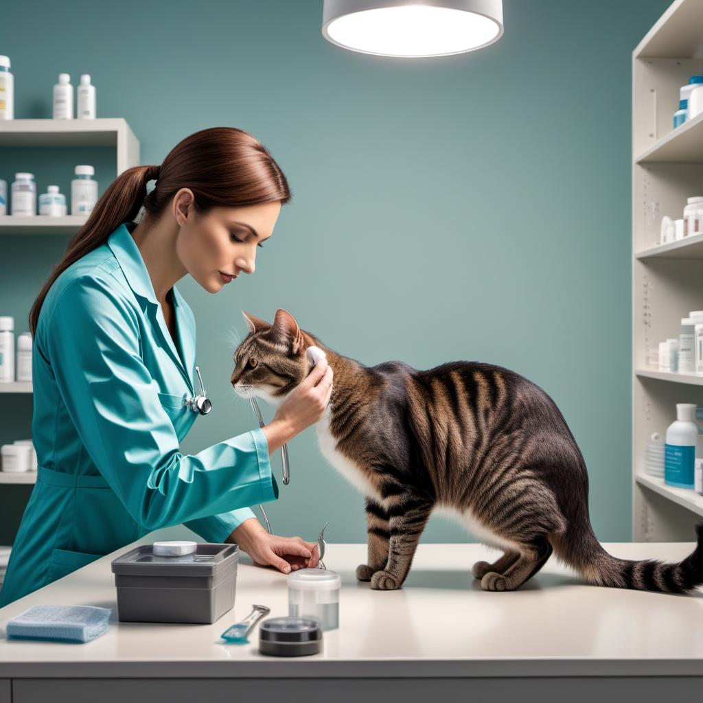  An illustrated scene featuring a veterinarian examining a cat. The background should show a typical veterinary clinic setting with medical tools, posters about pet health, and a calm environment. The veterinarian should be gently examining the cat’s teeth and overall health condition to estimate the cat’s age. hyperrealistic, full body, detailed clothing, highly detailed, cinematic lighting, stunningly beautiful, intricate, sharp focus, f/1. 8, 85mm, (centered image composition), (professionally color graded), ((bright soft diffused light)), volumetric fog, trending on instagram, trending on tumblr, HDR 4K, 8K