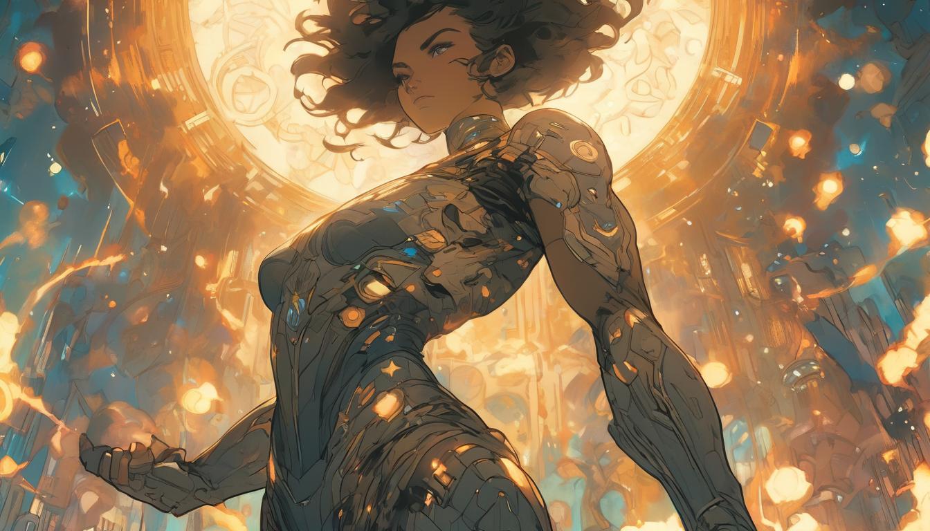  hyperrealism,fantasy aesthetic1woman, large busted attractive brunette arian female humanoid, meditative pose, surrounded by celestial symbols, serene expression, starry backdrop, high tech clothing clad in sleek, futuristic costume with metallic accents and form fitting designs, marvel superhero comics style, unreal engine rendering