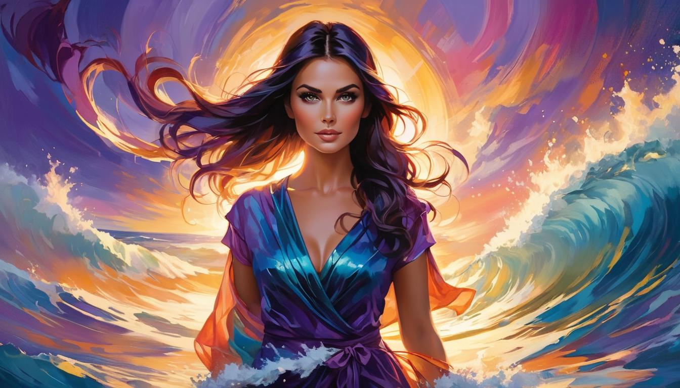  oil paintingAttractive woman with an intense look, hands raised as if filtering waves of energy, surrounded by swirling light and dark energies, glowing in whites and purples, protective stance, night time setting.(energetic brushwork, bold vibrant colors, expressive, emotional,bold brush, oil stroke, raw, emotional, dynamic, distortion for emotional effect, detailed,beautiful, loose brushwork, light and shadow play, captures feeling over form, balanced color