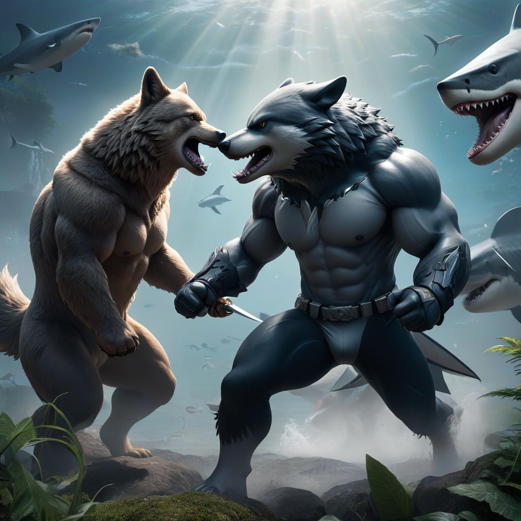  anime artwork Bear wolf and shark fight . anime style, key visual, vibrant, studio anime, highly detailed hyperrealistic, full body, detailed clothing, highly detailed, cinematic lighting, stunningly beautiful, intricate, sharp focus, f/1. 8, 85mm, (centered image composition), (professionally color graded), ((bright soft diffused light)), volumetric fog, trending on instagram, trending on tumblr, HDR 4K, 8K