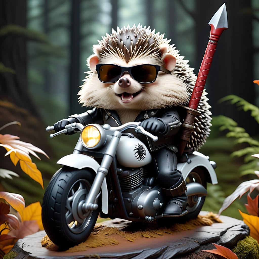  A black and white drawing with a marker, an aggressive, brutal hedgehog on a motorcycle like a throne from the Game of Thrones, with dark glasses, and behind it a tomahawk. hyperrealistic, full body, detailed clothing, highly detailed, cinematic lighting, stunningly beautiful, intricate, sharp focus, f/1. 8, 85mm, (centered image composition), (professionally color graded), ((bright soft diffused light)), volumetric fog, trending on instagram, trending on tumblr, HDR 4K, 8K