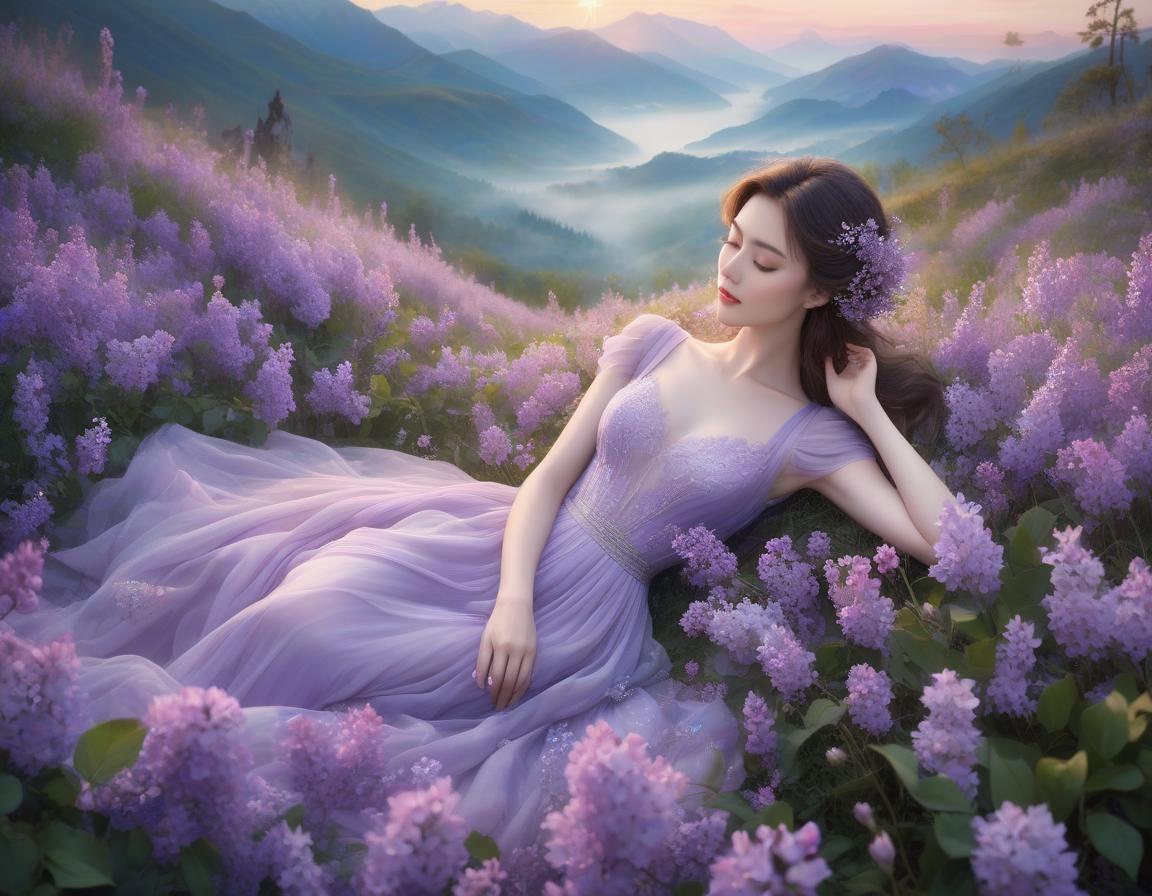  A serene painting of a girl in a lilac dress, lying in a field of purple flowers with mountains and a sunset in the background. tranquility and beauty, with elements like ethereal violet grass, tiny flowers, and soft winds. The artwork of Yelena Yushina and Kaoru Yamada is noted for its watercolor style and delicate details. The overall ambiance is described as dreamy, magical, and cozy, with a focus on soft colors and misty effects. The imagery evokes a sense of realism and elegance, with intricate and beautiful elements like blossoms and snow. hyperrealistic, full body, detailed clothing, highly detailed, cinematic lighting, stunningly beautiful, intricate, sharp focus, f/1. 8, 85mm, (centered image composition), (professionally color graded), ((bright soft diffused light)), volumetric fog, trending on instagram, trending on tumblr, HDR 4K, 8K