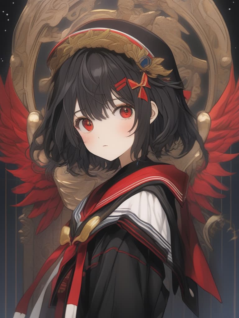  Shota, sailor suit, shorts, black hair, shorter hair, red eye, black angel wings, masterpiece, best quality,8k,ultra detailed,high resolution,an extremely delicate and beautiful,hyper detail