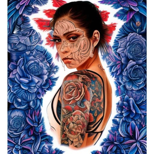 portrait+ style Check out this stunning tattoo sketch featuring a fierce brunette woman! Her Japanese, Puerto Rican, and Scandinavian roots shine through in the intricate artwork. Urban motifs like roses, peonies, and chrysanthemums blend seamlessly with symbols of skulls, money, and coy fish, creating a unique fusion of cultures. This traditional pinup style design beautifully incorporates influences from Puerto Rican and Japanese street gang culture, resulting in a mesmerizing blend of cultural symbolism and artistic expression.